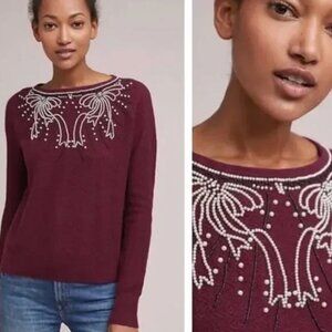 Field Flower Anthropologie sz M maroon sweater pearls beads bow feminine